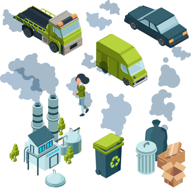 ilustrações de stock, clip art, desenhos animados e ícones de air pollution isometric. factory bad environment chemical garbage urban vehicle trash vector isometric - factory pollution smoke smog