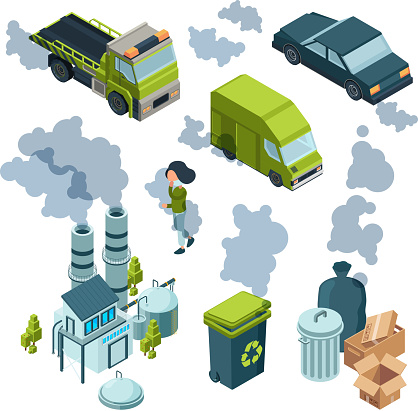 Air pollution isometric. Factory bad environment chemical garbage urban vehicle trash vector isometric