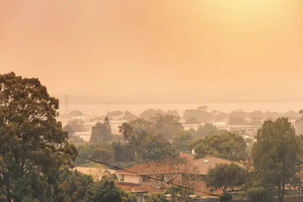 Photo of Australian bushfire: Smoke from bushfires covers the sky and glowing sun barely seen through the smoke. Suburb in a smoke haze. Catastrophic fire danger, NSW, Australia