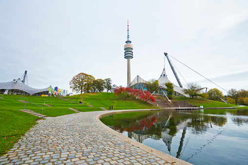 Munich, Germany-November 2019: Panorama of Olympic park in Munich town, Germany.