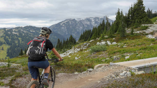 istock Female mountain biker rides through high alpine environment 1192091414