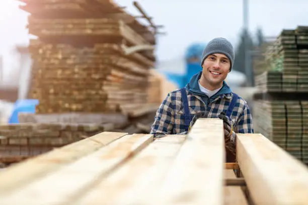 Young male worker in timber warehouse