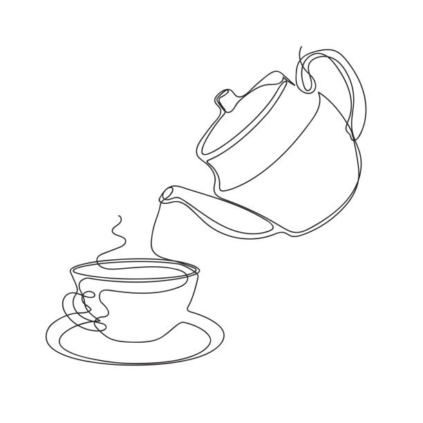 illustrazioni stock, clip art, cartoni animati e icone di tendenza di il tè si versa in una tazza da una teiera. bollitore e tazza. - tea party illustrations