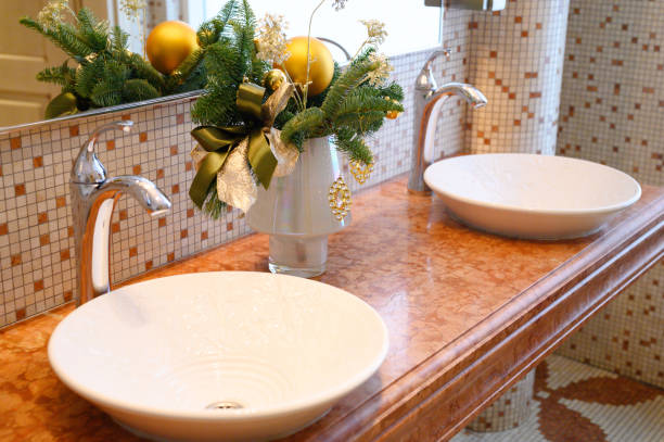 istock New minimal style designer elegant modern bathroom with Christmas decoration 1192094117
