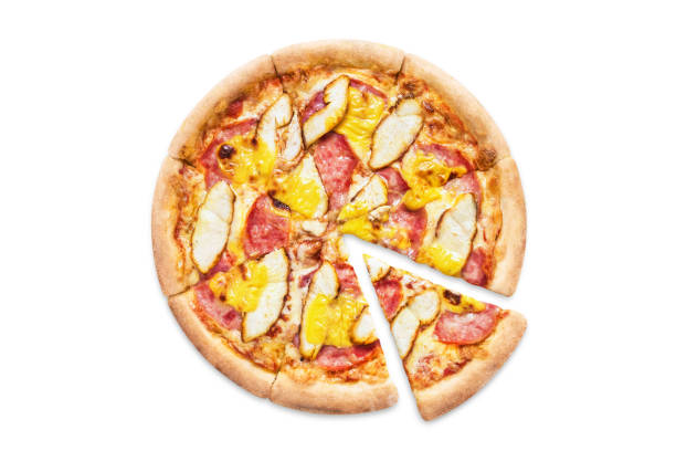 istock Delicious pizza with chicken fillet on white 1192094340