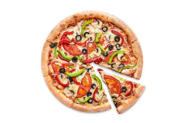 вкусная вегетарианская пицца на белом - верхняя часть стоковые фото и изображения