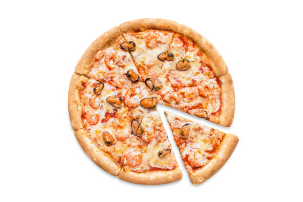 Delicious pizza with seafood on white
