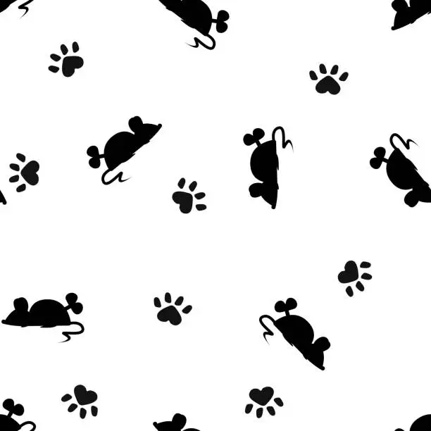 Vector illustration of Clockwork mouse pattern black and white and cat footprints.