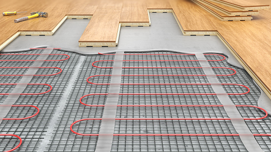 Process of laying parquet boards on floor with underfloor heating, 3d illustration