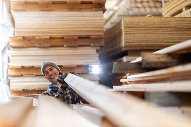 trabajador masculino joven en almacén de madera - madera material de construcción fotografías e imágenes de stock