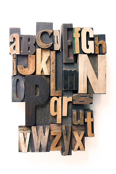 rilievografia alfabeto - letterpress special wood text foto e immagini stock