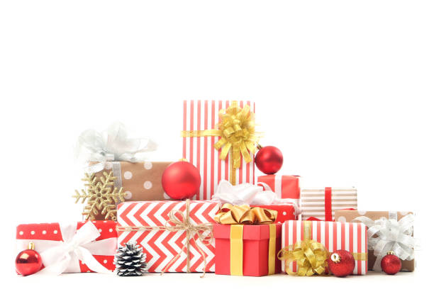 istock Gift boxes with bauble toys isolated on white background 1192095785