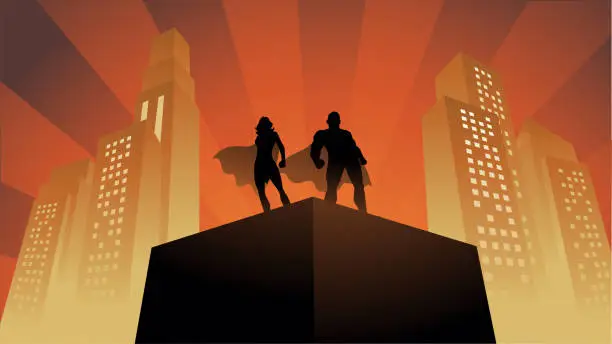 Vector illustration of Vector Superhero Couple Silhouette on a Rooftop with Buildings in the Background