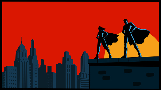 A retro style silhouette vector illustration of a couple of superheroes standing on a rooftop with skyline in the background. Wide space available for your copy.