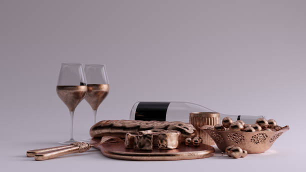 bronze wine an glass bottle with a cork and wine glasses stop cheese an bread gold knife and fork bowl of olives - wine bottle fork wine cork photos et images de collection
