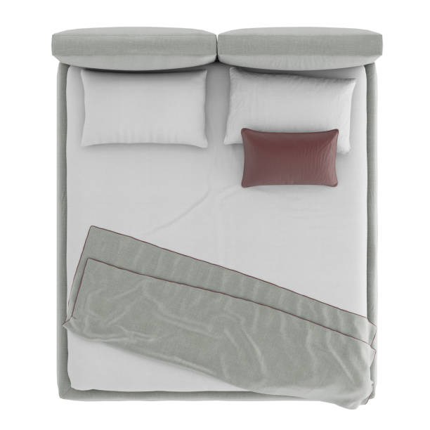istock Gray double bed with pillows and bedspread on an isolated background. Top view. 3d rendering 1192097588