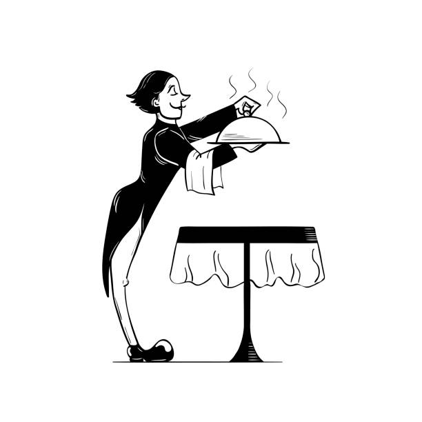 Vector illustration of a waiter, who is opening a hot tray with meal over the restaraunt table. Cartoon style, black and white illustration Vector illustration of a waiter, who is opening a hot tray with meal over the restaraunt table. Cartoon style, black and white illustration throwing in the towel illustrations stock illustrations