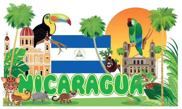 Vector illustration of Nicaragua Travel, Managua, Leon, Masaya, Chinandega, Matagalpa, Esteli, Granada, Jinotega, El Viejo, New Guinea, Sandino City, Juigalpa, Tipitapa, Bluefields, Diriamba, Ocotal, Puerto Cabezas, Chichigalpa, Rivas,