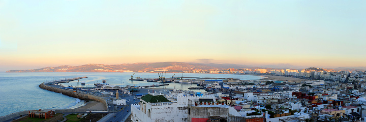 Tangier medina aerial view Morocco. Tangier is a major city in northern Morocco. Tangier located on the North African coast at the western entrance to the Strait of Gibraltar.