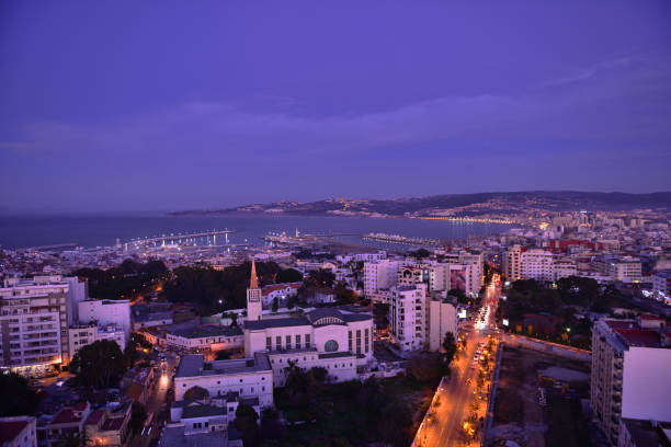 view over tangier skyline at night, morocco - morocco marrakech moroccan culture casablanca imagens e fotografias de stock