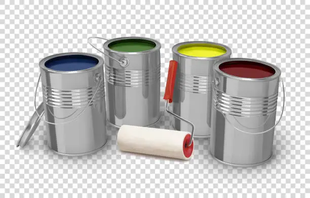 Vector illustration of Paint roller and various paints in buckets. Vector illustration.