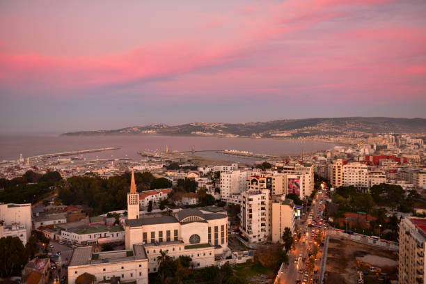 Tangier city and port, coastal landscape, Morocco, Africa Tangier medina aerial view Morocco. Tangier is a major city in northern Morocco. Tangier located on the North African coast at the western entrance to the Strait of Gibraltar. moroccan currency photos stock pictures, royalty-free photos & images