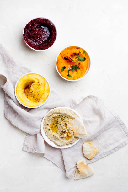 set of vegetarian middle eastern arabian eggplant,sweet potato and beet dip baba ganoush or mutabba - eggplant dip baba ghanoush middle eastern cuisine imagens e fotografias de stock