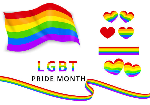 LGBTQ pride month vector set of elements in rainbow colors like: heart, pride flag, rainbow ribbons, text. LGBT lesbian, gay, bisexual and transgender symbols. Banner or poster template. Clip art LGBTQ pride month vector set of elements in rainbow colors like: heart, pride flag, rainbow ribbons, text. LGBT lesbian, gay, bisexual and transgender symbols. Banner or poster template. Clip art pride flag icon stock illustrations