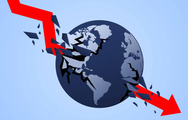 globális recesszió, csökkenő nyíl zúzza össze a földet - kétségbeesés témájú stock illusztrációk