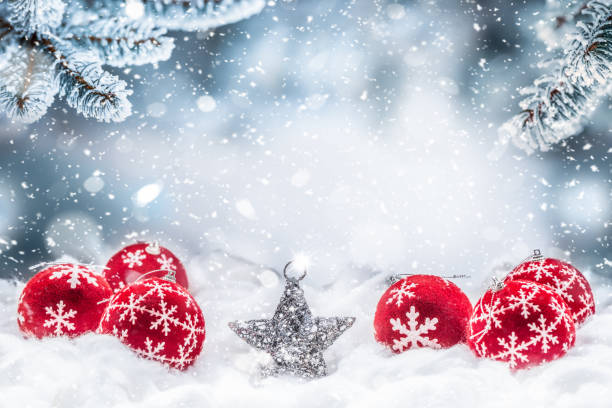 istock Red christmas balls on snow with fir branches 1192105013