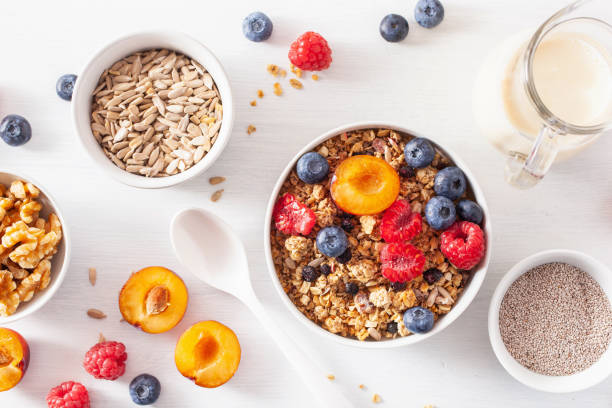 istock healthy granola for breakfast with berry fruit nut, vegan milk 1192106543