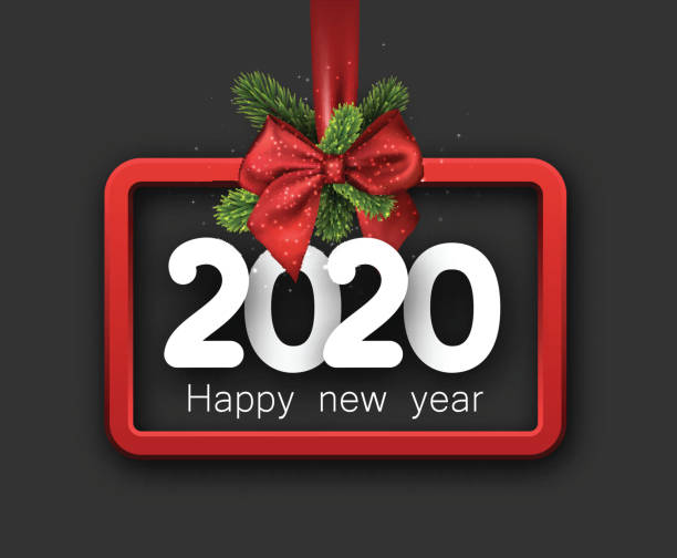 istock Grey shiny 2020 happy New Year background with red 3d frame and satin ribbon with beautiful bow. 1192107176