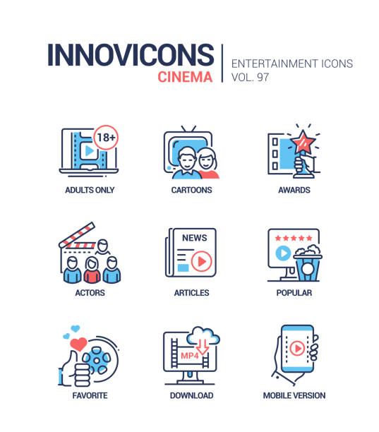 Cinema online service - vector line design style icons set Cinema online service - vector line design style icons set. Movie genres idea. Adults only video, cartoons, awards, actors, articles and news, popular and favorite films, download, mobile version divergent movie review stock illustrations