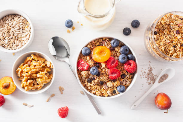 istock healthy granola for breakfast with berry fruit nut, vegan milk 1192107316