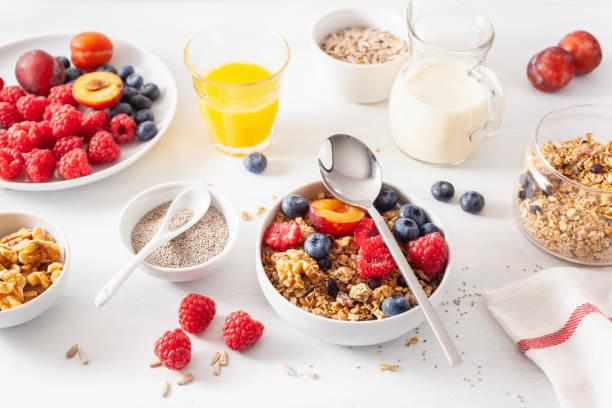 istock healthy granola for breakfast with berry fruit nut, vegan milk 1192107393
