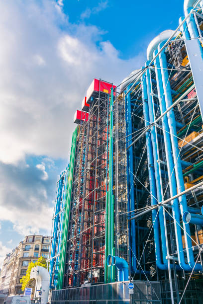 Paris, France - November 7, 2019: National Center of Art and Culture Georges Pompidou, (Renzo Piano and Richard Rogers, 1977) Industrial design. Electrical, air and water pipes painted in colors