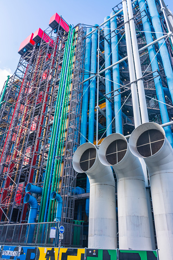 Paris, France - November 7, 2019: National Center of Art and Culture Georges Pompidou, (Renzo Piano and Richard Rogers, 1977) Industrial design. Electrical, air and water pipes painted in colors