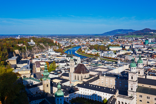 Classic panorama view of the old town of Salzburg, a UNESCO World Heritage Site, on a sunny day with blue sky at sunset in summer, Austria, Europe