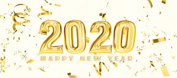 istock Golden Happy New Year Balloons with Confetti and Yellow Background. 3D illustration. 3D Rendering. 1192110619