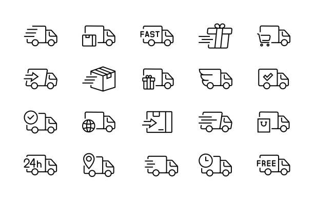 satz von lieferwagen icons editierbarvektorstrich 96x96 pixel perfekt - lieferkette stock-grafiken, -clipart, -cartoons und -symbole