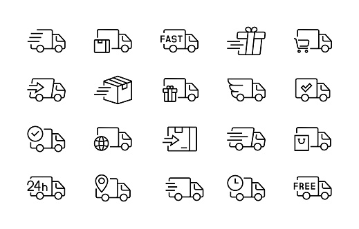 set of delivery truck icons collection of simple linear web icons from different delivery tracks and boxes editable vector stroke 96x96 pixel perfect