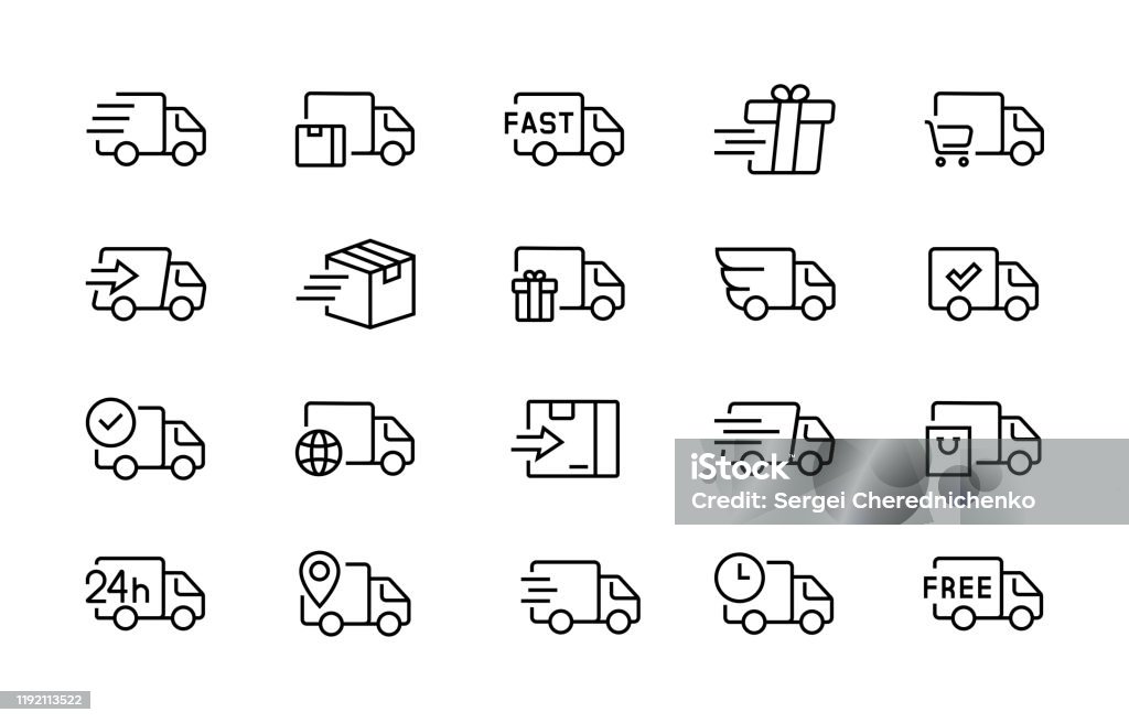 set of delivery truck icons editable vector stroke 96x96 pixel perfect set of delivery truck icons collection of simple linear web icons from different delivery tracks and boxes editable vector stroke 96x96 pixel perfect Icon stock vector