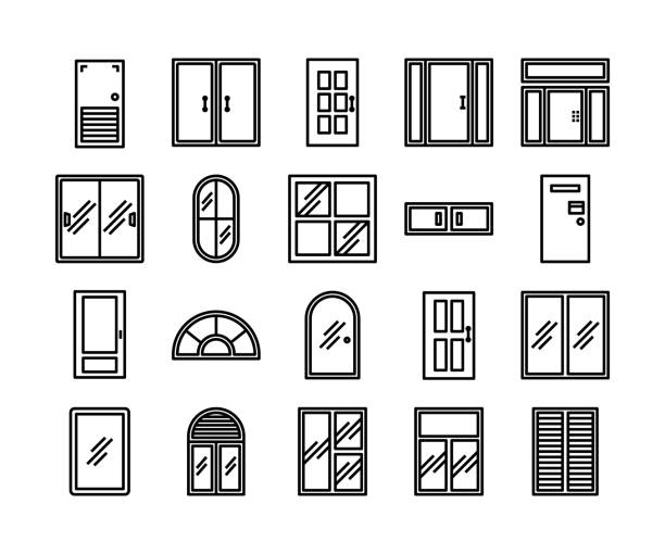 ilustrações, clipart, desenhos animados e ícones de conjunto de ícones da porta e da janela, vetor e ilustração, conceito de design de interiores - janela de batente ilustrações