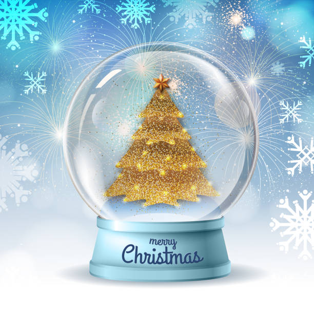 istock Realistic vector illustration of snow globe with golden christmas tree inside. Holiday firework  background 1192113862