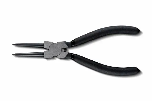 Black pliers for circlips - Snap rings or Seeger rings, orbis,  placed on a white isolated backgorund with shadow.