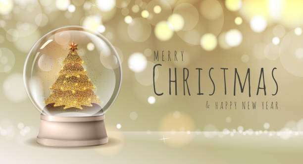 istock Realistic vector illustration of snow globe with golden christmas tree inside. Blurred holiday christmas sparkle background 1192114517