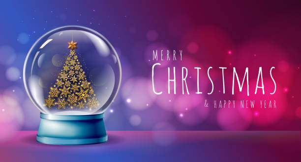 istock Realistic vector illustration of snow globe with golden christmas tree inside. Blurred holiday christmas sparkle background 1192114593
