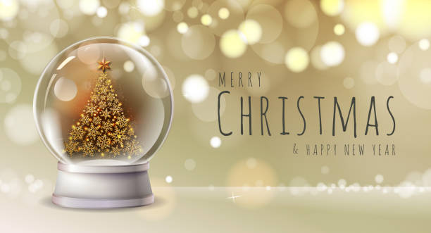 istock Realistic vector illustration of snow globe with golden christmas tree inside. Blurred holiday christmas sparkle background 1192114595