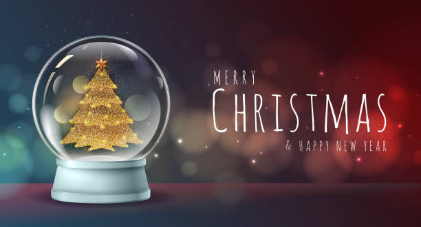 istock Realistic vector illustration of snow globe with golden christmas tree inside. Blurred holiday christmas sparkle background 1192114628
