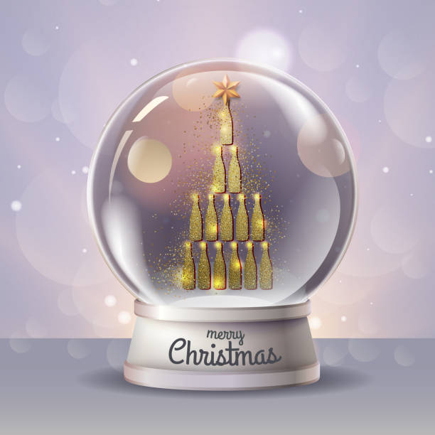 ilustraciones, imágenes clip art, dibujos animados e iconos de stock de ilustración vectorial realista del globo de nieve con pirámide de botella de champán dorado en su interior. fondo de brillo navideño - snow globe dome glass transparent